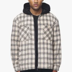 Fontana Hooded Hairy Zip Flannel Jacket Cream Orange